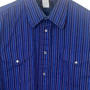 VTG Ruddock Bros Blue Striped Pearl Snap Long Tail Western USA Shirt 16 1/2/35‎